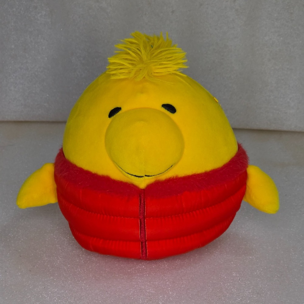 Squishmallows Peanuts Woodstock Yellow Bird Red Puffer Jacket Plush 6" Jazwares